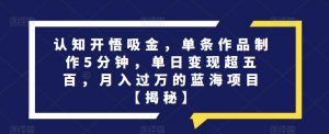 认知开悟吸金,单条作品制作5分钟,单日变现超五百,月入过万的蓝海项目【揭秘】-学习资源库