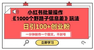 小红书批量操作《1000个野路子信息差》玩法,一分钟制作一个图文,不封号,日引100+创业粉-学习资源库