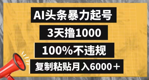 AI头条暴力起号，3天撸1000,100%不违规，复制粘贴月入6000＋【揭秘】-学习资源库