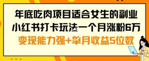 年底吃肉项目适合女生的副业小红书打卡玩法一个月涨粉6万+变现能力强+单月收益5位数【揭秘】-学习资源库