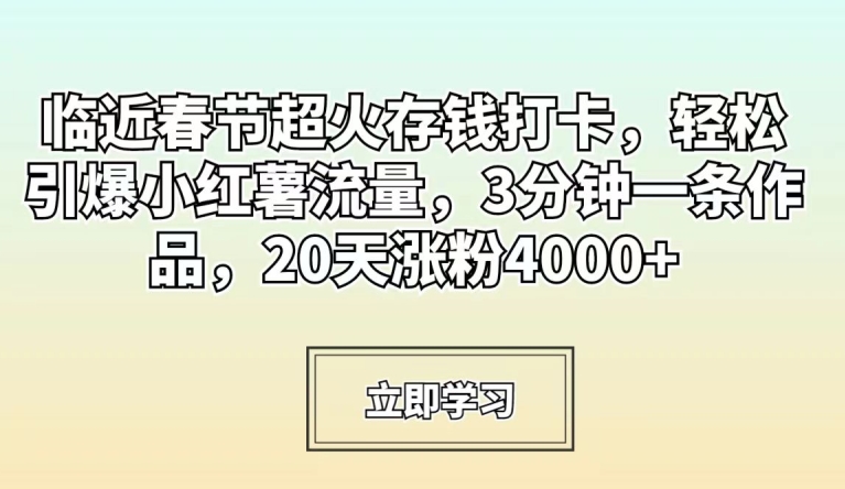 临近春节超火存钱打卡，轻松引爆小红薯流量，3分钟一条作品，20天涨粉4000+【揭秘】-学习资源库
