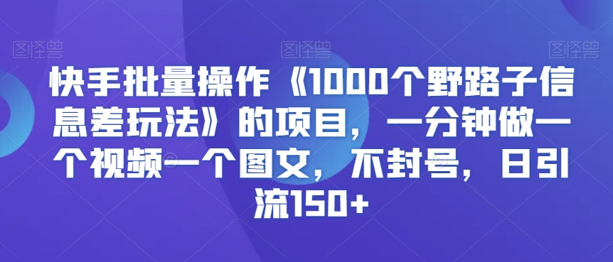 快手批量操作《1000个野路子信息差玩法》的项目，一分钟做一个视频一个图文，不封号，日引流150+【揭秘】-学习资源库